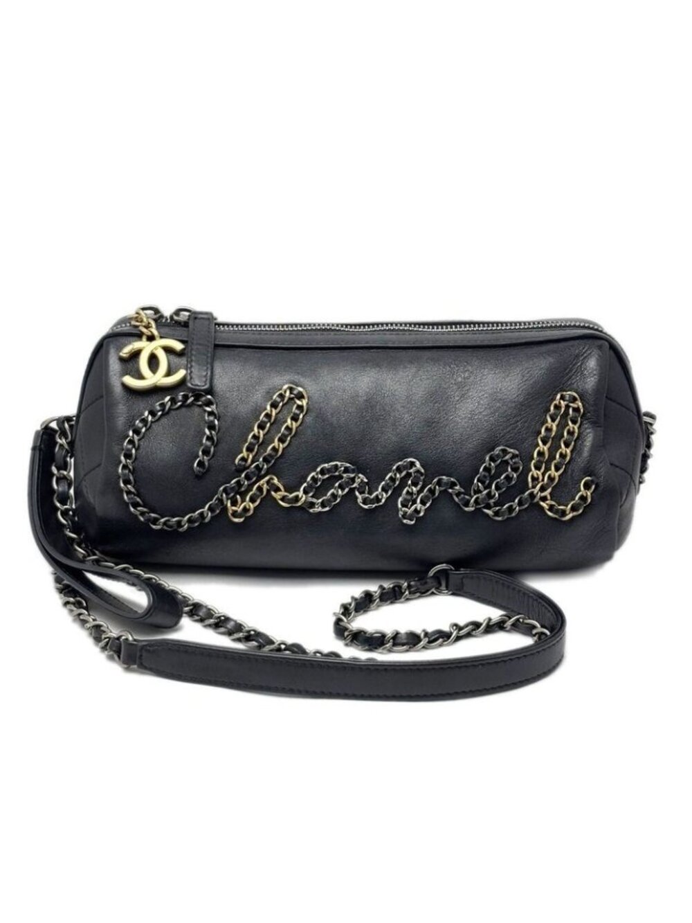 Chanel Bag Chain Shoulder 2-Way Logo Black Silver Gold Lambskin